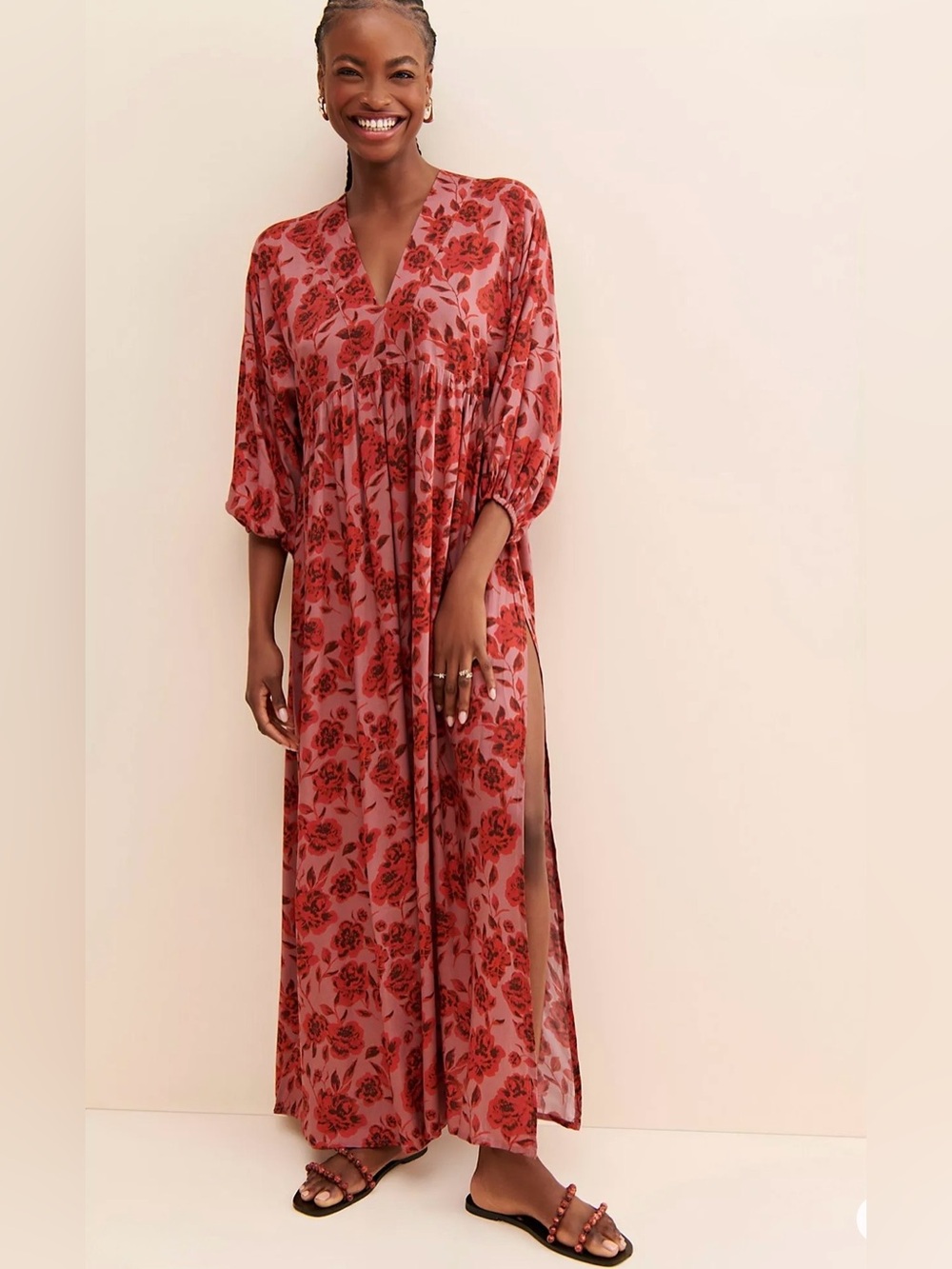 Jen’s Pirate Booty V-Neck Floral Maxi Dress in Dusty Rose and Red